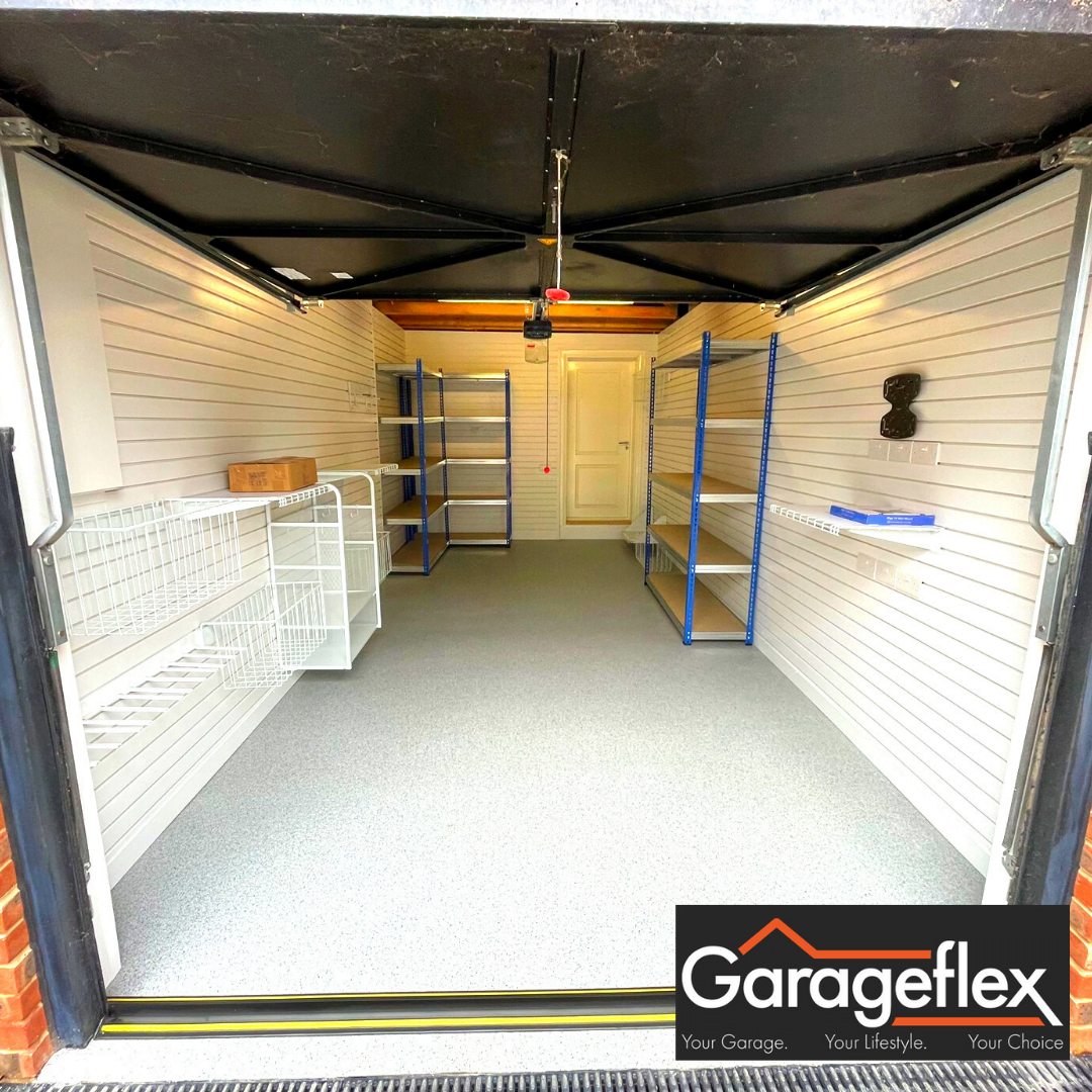 Single garage with shelving storage