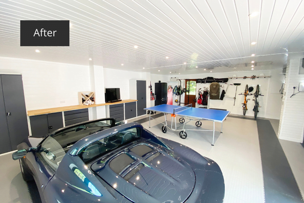 Car, storage, games room and metal cabinets in this new garage transformation