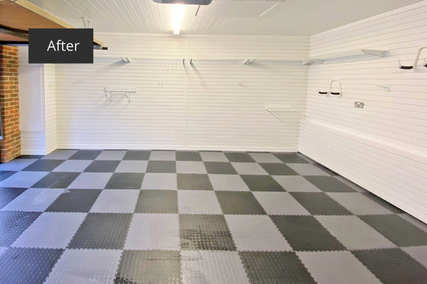 Garage floor tiles with checkerboard design