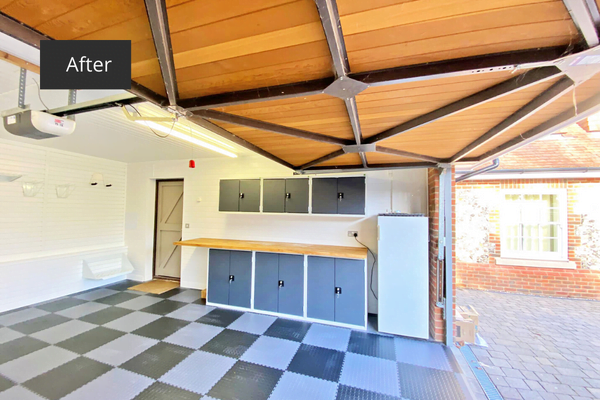 Garage metal storage cabinets with oak worktop